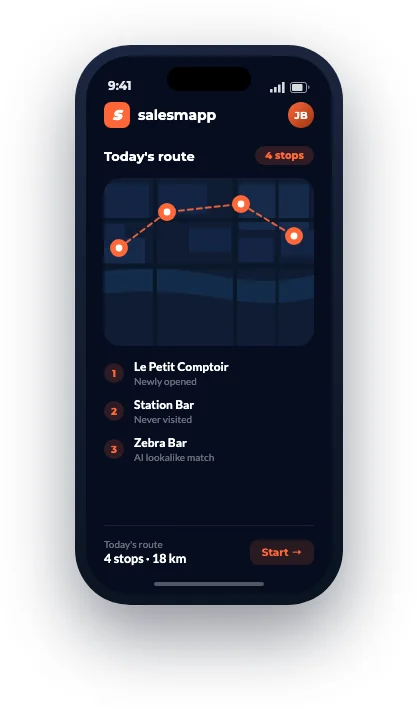 Salesmapp app screen showing today's route with 4 stops on an outlet map